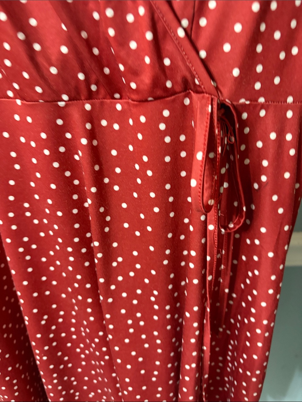 Red Polka Dot Wrap Midi Dress with Tie Waist - Picture 5 of 6